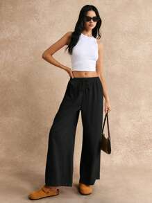 SHEIN Frenchy Knot Waist Palazzo Trousers - Black - View 6