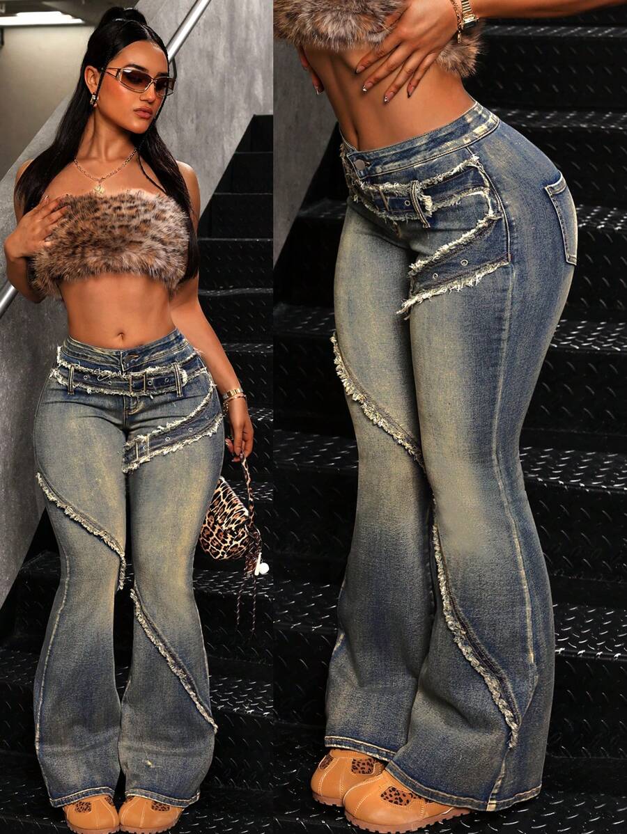 Jeanoix Women's Flared Jeans With Waist Buckle Design - Medium Wash - View 1