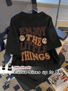 SHEIN CURVE+ Plus Size Casual "Enjoy The Little Things" Smiling Face Print Round Neck Short Sleeve Loose Fit T-Shirt For Women, Summer,Graphic Tee