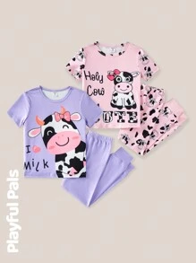 SHEIN Young Girl Round Neck Short Sleeve Graphic Print Simple Top And Leggings Casual Homewear Set - Multicolor - View 1