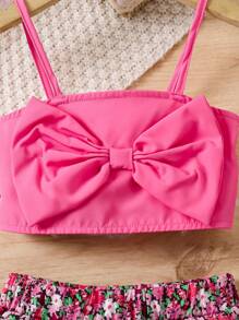 SHEIN Young Girl Solid Color Spaghetti Strap Bowknot Decor Minimalist Top And Skirt 2pcs Set - Pink - View 3