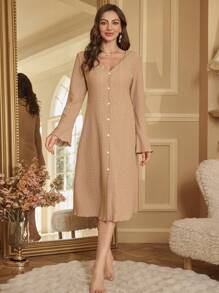 女士 V 领开衫单排扣收腰中长睡袍 - 卡其色 - 查看 5