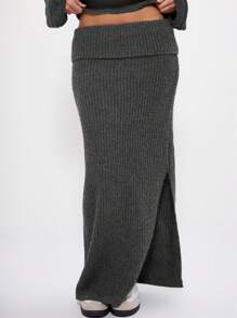 MUSERA Knit Fold Over Maxi Sweater Skirt - Dark Grey - View 2