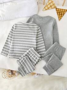 Loomiva 4 件套男婴秋冬简约舒适条纹图案长袖 T 恤、睡裤睡衣套装