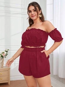 SHEIN VCAY Plus Size Off Shoulder Solid Top And Shorts Casual 2 Pieces Set - Burgundy - View 3