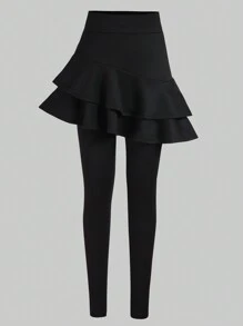 SHEIN Girls' Ruffle Hem Black Leggings, Comfortable Fashion Casual Maxi Length - Black - View 1