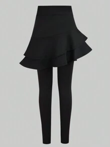 SHEIN Girls' Ruffle Hem Black Leggings, Comfortable Fashion Casual Maxi Length - Black - View 2