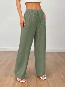 SHEIN PETITE Women's Linen High Waisted Summer Baggy Pants