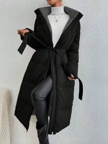 SHEIN Frenchy Solid Color Hooded Belted Long Black Padded Jacket