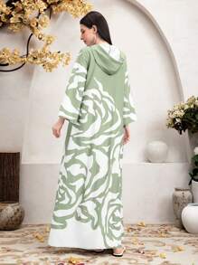 Al Najma 长袖印花简约连帽休闲超长阿拉伯风格连衣裙，端庄 - 綠色 - 查看 2
