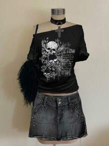 Attitoon Casual Loose Fit Women's T-Shirt Suitable For Summer, Punk Dark Skull Graphic And Gothic English Text Print, Y2K Style Back To School
