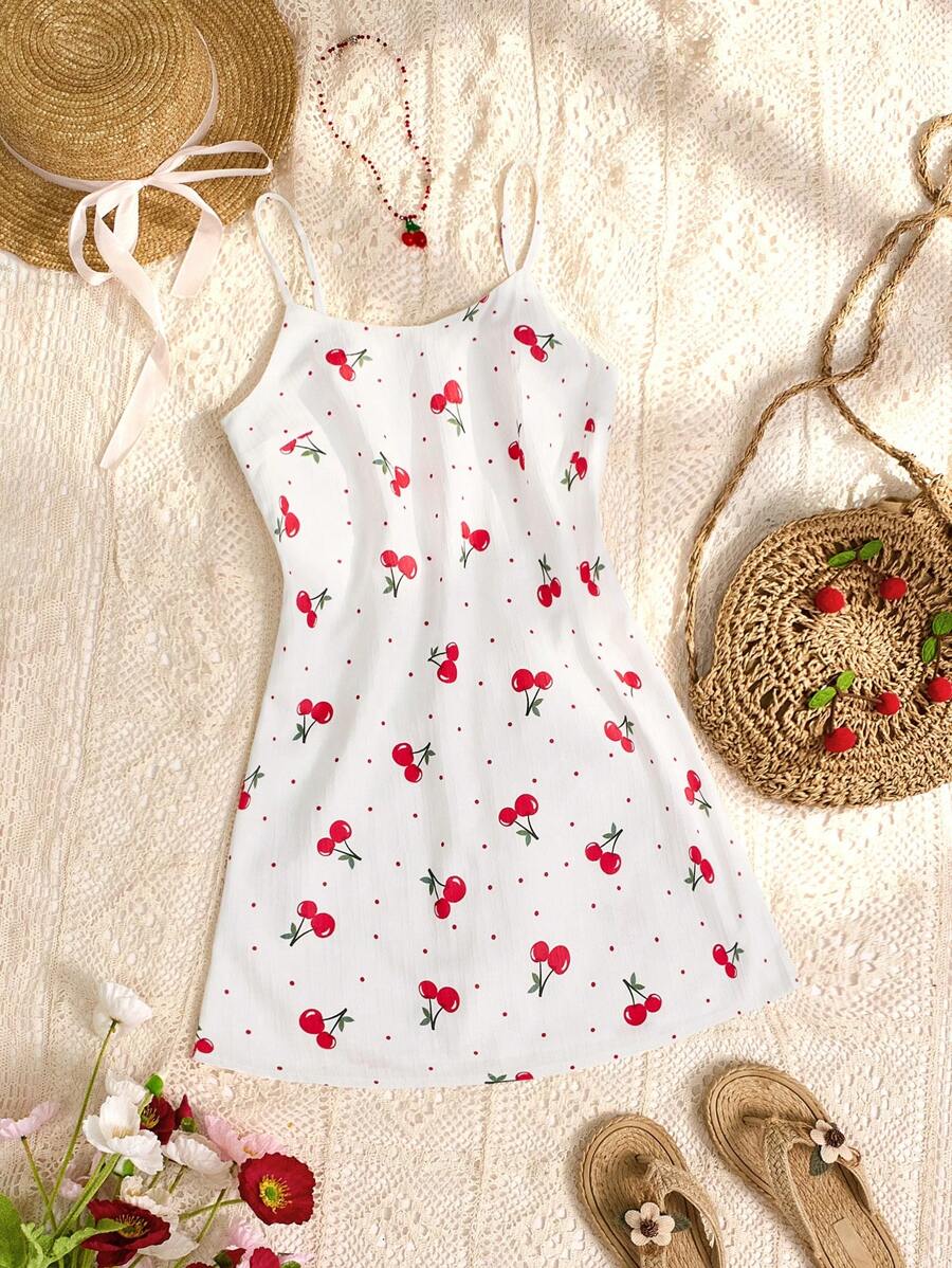 SHEIN Unity Polka Dot & Cherry Print Strap Mini Dress - Multicolor - View 1