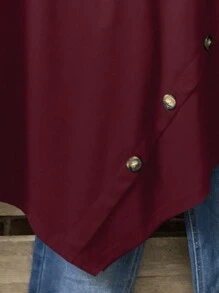 Plus Size Women's Solid Color Round Neck Short Sleeve Button Design Casual T-Shirt - Burgundy - View 3