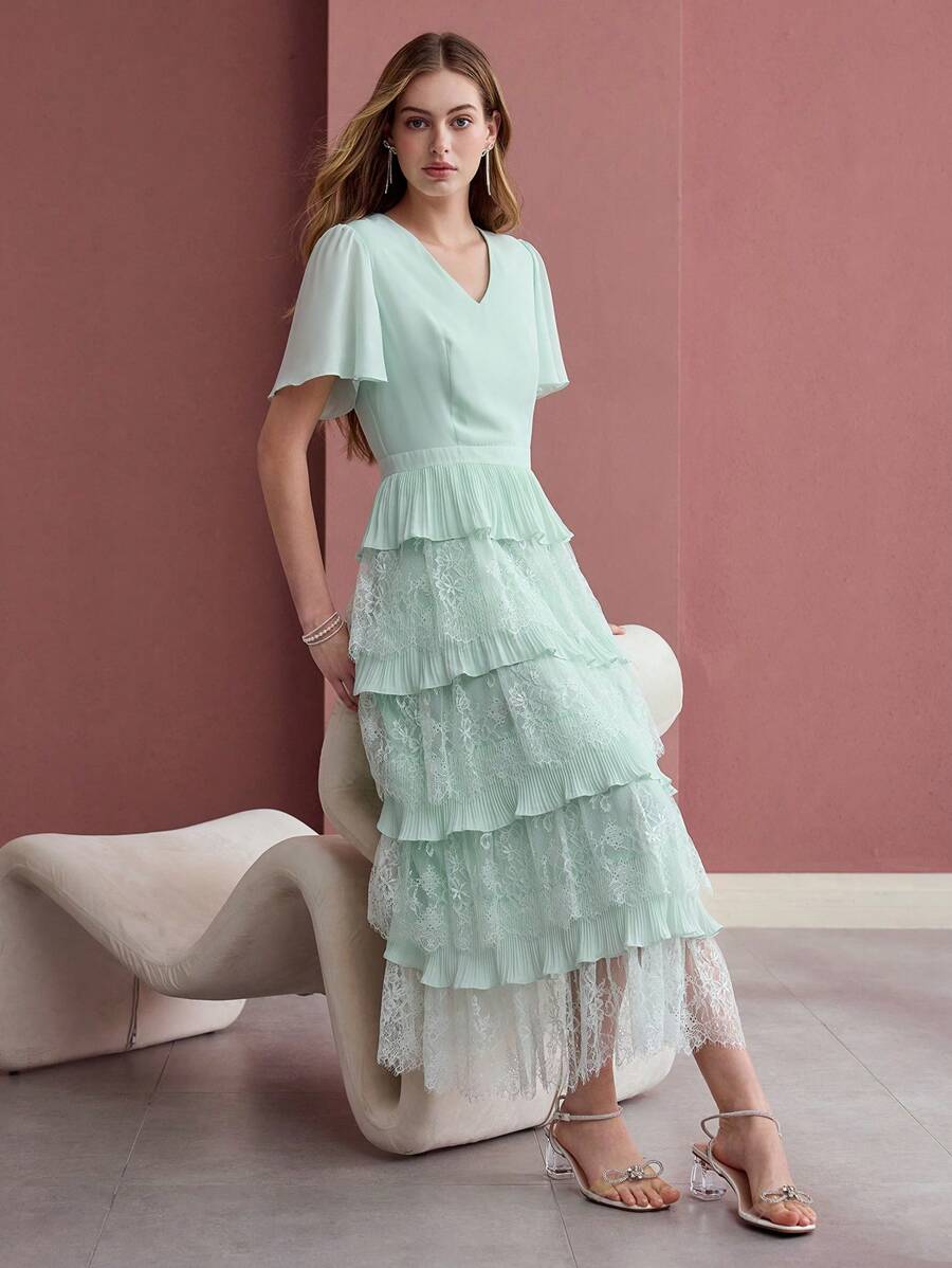 MOTF PREMIUM CONTRAST LACE LAYERED RUFFLE HEM DRESS - Mint Green - View 2