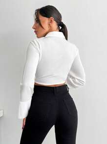 RueChic LONG SLEEVE VOLUMED CUFF TIE UP HEM SHIRT - White - View 2