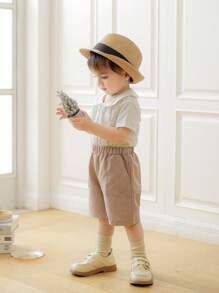 SHEIN 2 件套幼儿男童夏季服装套装，复古风彼得潘领短袖衬衫和极简主义短裤，时尚 - 彩色 - 查看 5