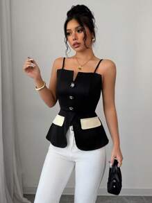 SHEIN PETITE 女士撞色纽扣装饰开衩下摆休闲吊带背心图案 T 恤女士上衣