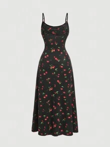 SHEIN MOD Plus Size Women Cherry Print Waist Strap Dress,Fruit Print, Cherry Print Pattern, Slim Long Dress,Beach Dress Sundress,Holiday Outfits Boho
