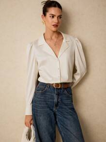 Poéselle White Shirt,Office Women Outfits,Button Up Women Shirt,Women's Solid Color Lapel Neck Puff Sleeve Single-Breasted Elegant Shirt,Simple Fashion, Old Money,Comfortable And Breathable Fabric, Suitable For Daily, Street, Commute, Holiday, Dating And Other Occasions To Wear