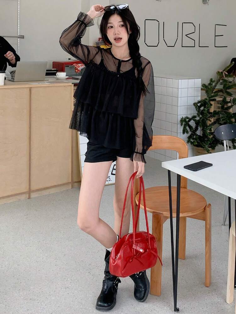 Women's Sweet Sheer Frill Trim A-Line Top Long Sleeve Women Tops
