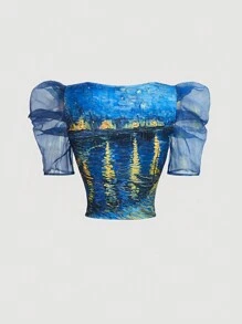 SHEIN MOD Artistic Series, Van Gogh "Starry Night Over The Rhône" Print Shirt, Retro Vintage - Blue - View 11