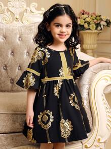 Young Girls Ramadan Elegant Embroidered Gold Pattern Metallic Tape Flare Sleeve Round Neck Dress, Spring/Summer - Black - View 6