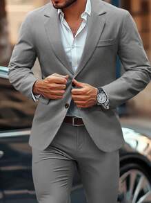 Manfinity Mode Blazer de manga larga con botones y diseño simple y pantalones de traje de negocios casuales para hombre