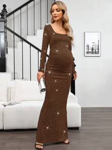 SHEIN Maternity Elegant Luxury Comfortable Square Neck Long Sleeve Dress For Dates, Gatherings, Birthdays, Parties, Baby Shower