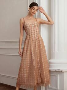 Chiquease Váy dự tiệc trang trọng phong cách Pháp thanh lịch với thân áo bằng vải hoa 3D, có cúp ngực, xếp ly và chi tiết xẻ tà phía trước - màu nâu - Xem 4