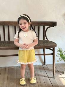 LMoss Kids LMoss   2pcs Baby Girl Solid Color Knitted Round Neck T-Shirt And Knitted Form-Fitting Shorts Set,Sisters Outfit,Suitable For Spring And Summer - Multicolor - View 3