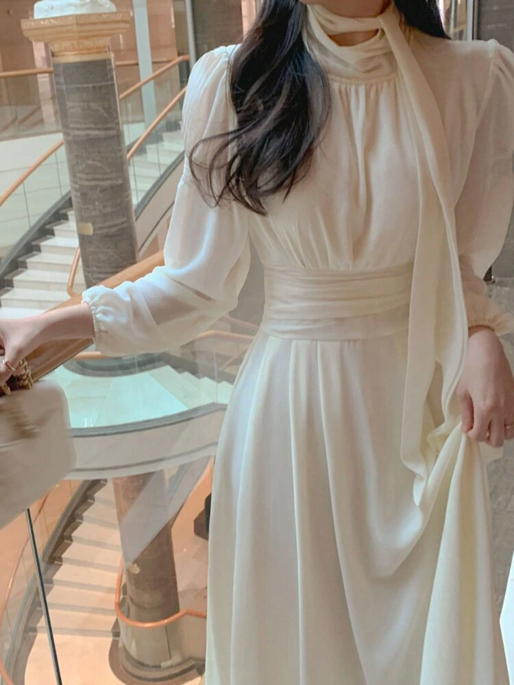 Women's Solid Color Chiffon Cinched Waist Mid-Length Dress, Spring/Summer/Autumn Long Sleeve Dress Maxi Dress