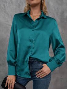 SHEIN Clasi Long Sleeve Solid Color Satin Shirt For Holiday Party Clothes - Blue - View 3