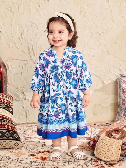 SHEIN 女婴夏季可爱花卉印花短袖连衣裙