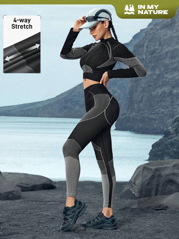 In My Nature Women Solid Color Patchwork Long Sleeve Casual Top & Pants Outdoor Set
