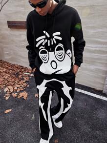 PAVTROS Manfinity Streetrush Men's Cartoon Print Hoodie Sweatshirt And Drawstring Sweatpants Casual Set, Men 2 Piece Set - Black - View 7