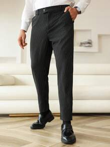 Manfinity Bizformal Men's Front Button Pocket Striped Casual Trousers - Black - View 5
