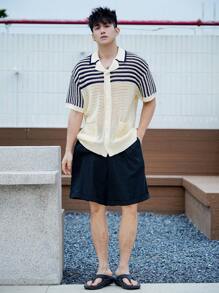 DAZY Asymmetrical Striped Hollow Out Lightweight Cardigan Sweater For Men, Summer - Apricot - View 7