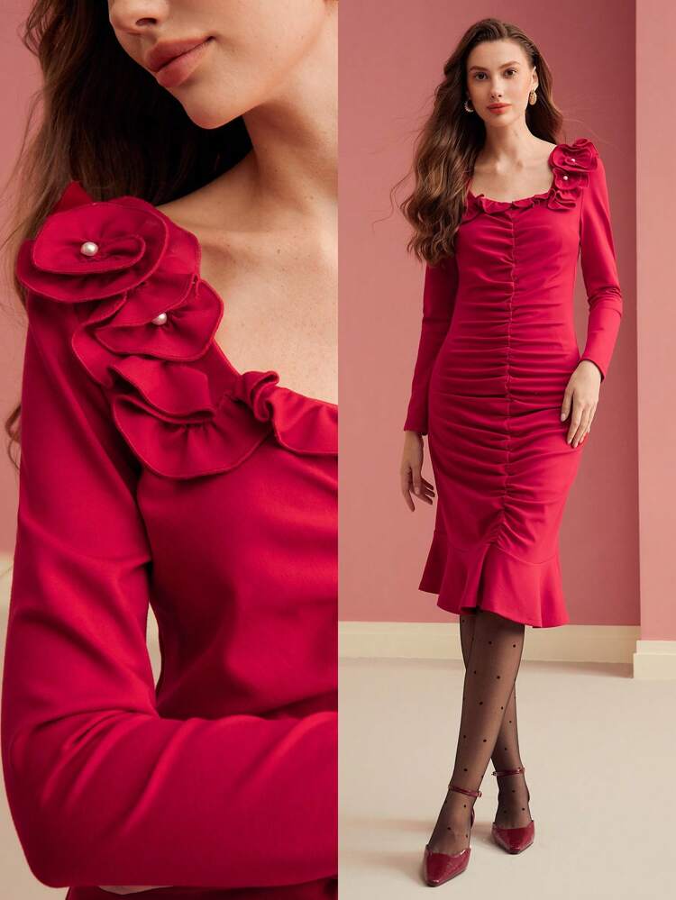 STEREO FLORAL RUCHED DRESS