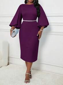 SHEIN Lady Plus Size Solid Color Round Neck Elegant Long Sleeve Dress - Purple - View 4