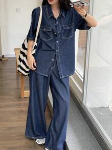 DAZY Women's Western Style Outfit: Contrast Stitch Short Sleeve Loose Blouse & Wide Leg Denim Pants Set,Back To School Clothes - Dark Wash - View 9