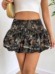 SHEIN EZwear Lässiger Vintage Damen Rock mit gesamtbedrucktem Baumzweig-Camouflage-Muster und Falten, knielang, geeignet für Frühling und Sommer - Verschiedenfarbig - Übersicht 3