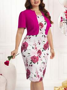 SHEIN Clasi 春季花卉印花针织弹力连衣裙，二合一大码女士休闲优雅浪漫连衣裙，适合日常穿着和情人节连衣裙优雅连衣裙浪漫连衣裙女士夏季连衣裙女士夏季连衣裙优雅女士连衣裙女士春季连衣裙 - 玫紅色 - 查看 1