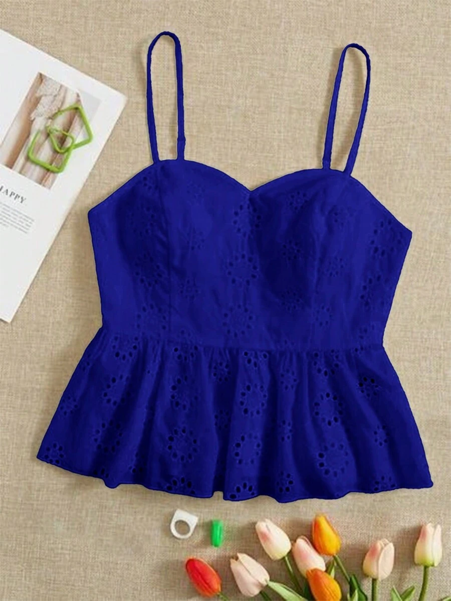 SHEIN VCAY Plus Size Boho Vacation Casual Solid Color Eyelet Embroidery Cami Top, For Summer - Royal Blue - View 1
