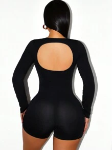Zolique Seamless Solid Hollow-Out Back Fitted Long Sleeve Jumpsuit Fall Cloth For Women - Black - View 2