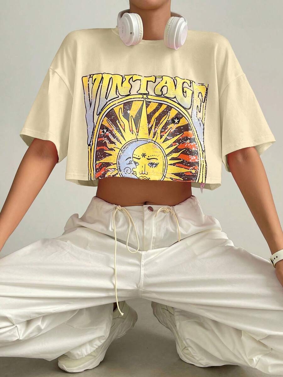 SHEIN EZwear 女士圆领短袖印花休闲衬衫，日常穿着