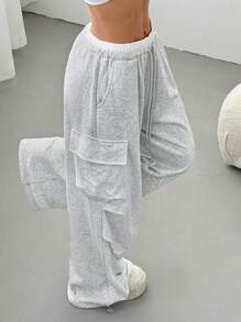 SHEIN EZwear Women's Solid Color Patchwork Front Tie Pocket Simple Casual Sweatpants - Grey - View 5