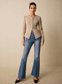 Poéselle Herringbone Tweed Front Metallic Buttons Waisted Long Sleeve Overcoat - Apricot - View 1