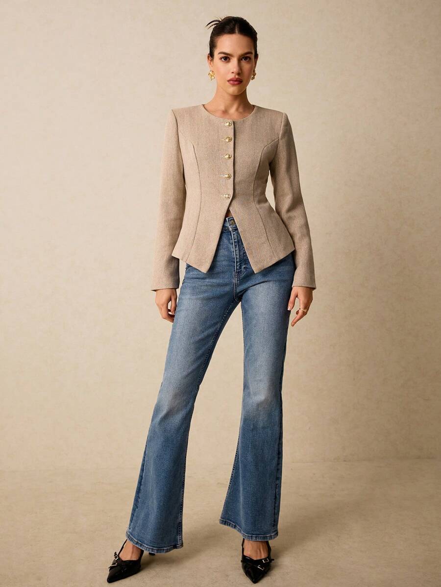 Poéselle Herringbone Tweed Front Metallic Buttons Waisted Long Sleeve Overcoat - Apricot - View 1