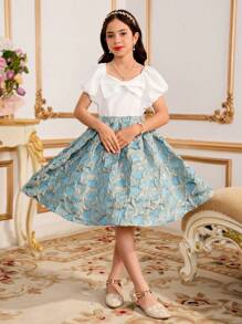 2pcs Tween Girls Solid Bow Decor Shirt And Floral Jacquard Mini Skirt Set - Green - View 7