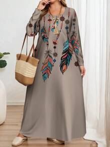 EMERY ROSE Đầm thường ngày cổ tròn tay dài họa tiết lông vũ cổ điển cỡ lớn cho nữ, phù hợp cho mùa thu/đông - Nhiều màu - Xem 1